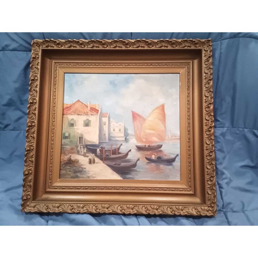 Antique Oil Painting, Beautiful Harbor with Dock & Boats